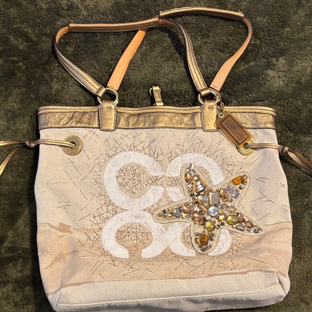 Coach Gold and Tan Tote with Starfish Accent